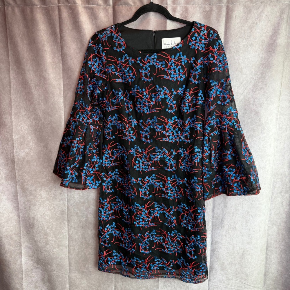 Nicole Miller NewYork Floral Embroidered Bell Sleeve Mesh Dress Black Blue Red 8